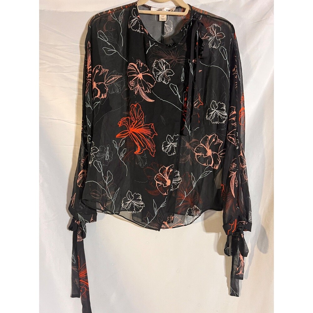 Diane Von Furstenberg Blouse Woman's 4 Floral Bow Neck Sheer Silk Black Romantic